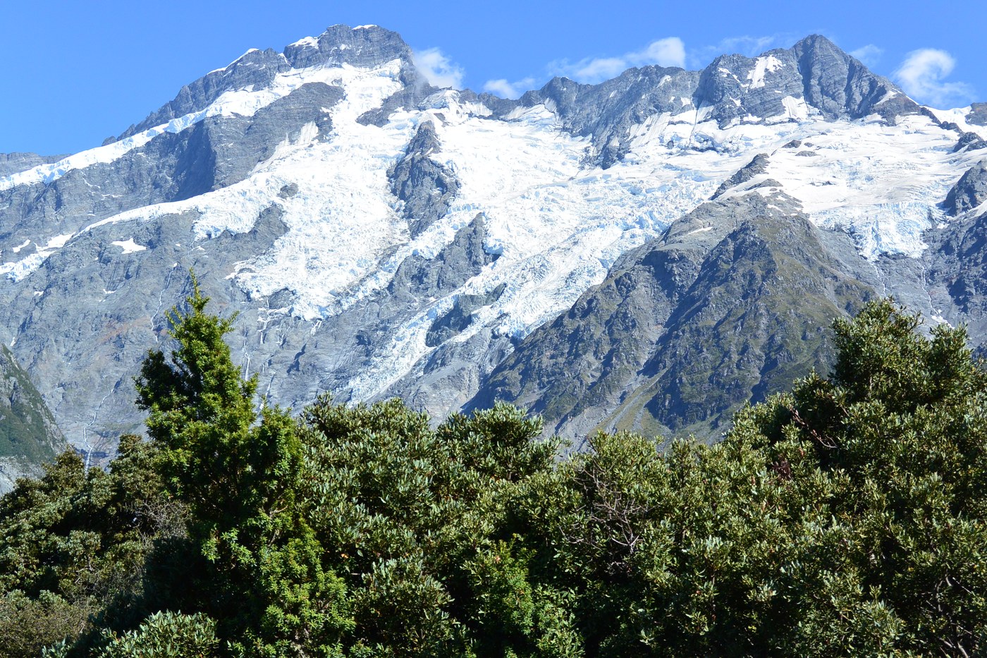 Glaciated mountain wall in New Zealand alpine country